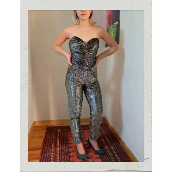 Vintage 70s Sparkle Metallic Rouched Bustier Strapless Tube Romper Jumpsuit